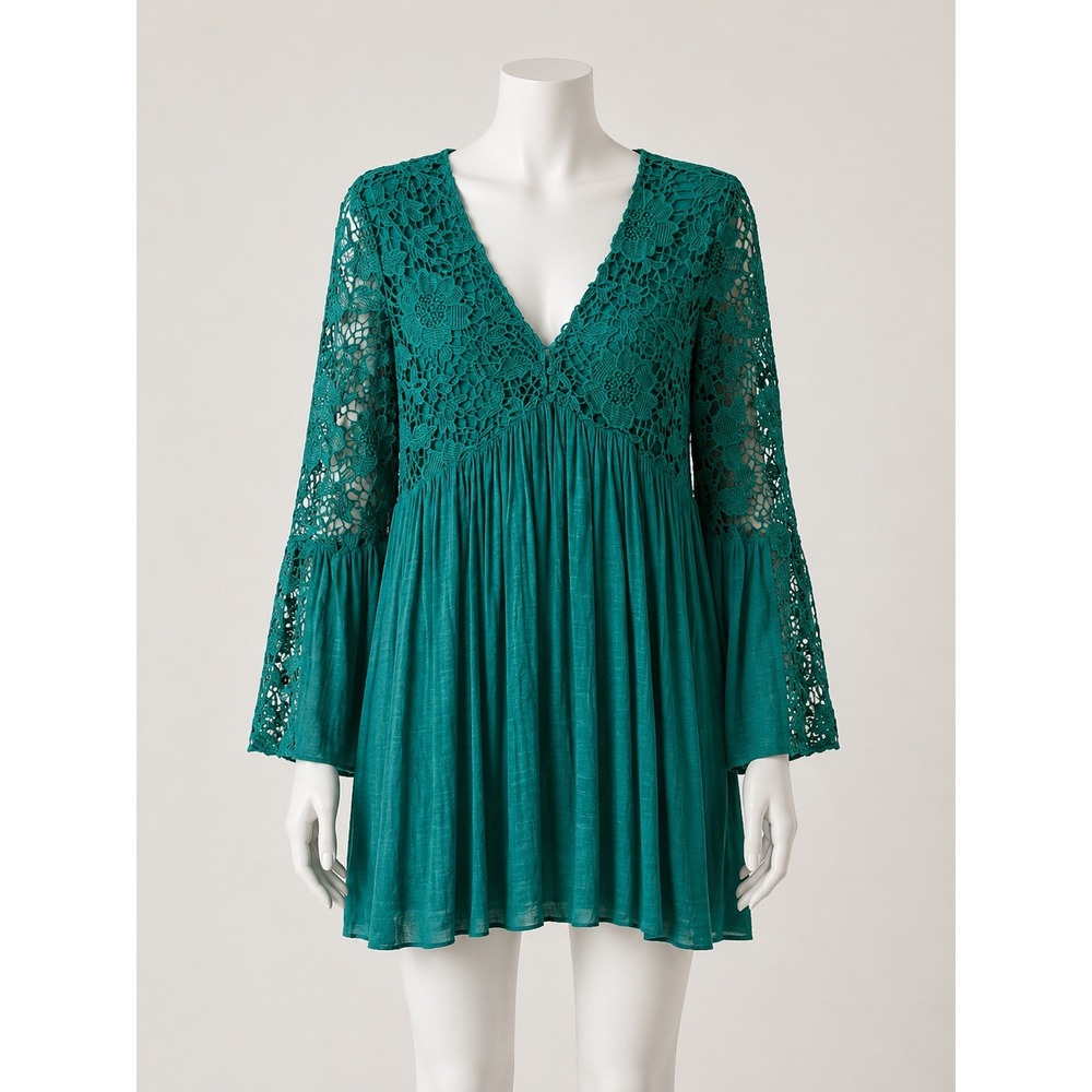 Loft Teal Green Crochet Lace V-Neck Babydoll Dress Long Bell Sleeve Boho Mini